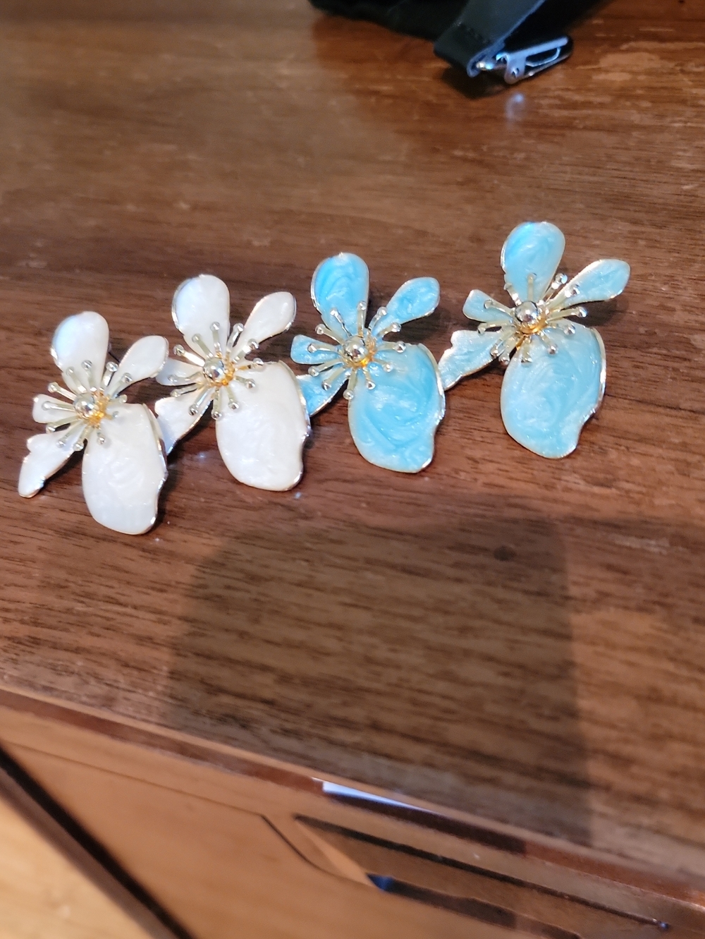 Floral Petal Drop Earrings - White & Blue